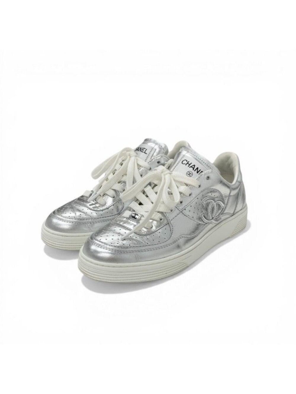 Chanel Sneakers Leather Silver White CC Logo Perforated